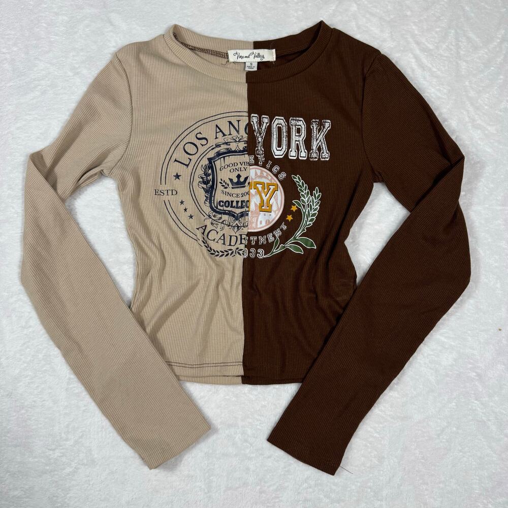 Vine & Valley Y2K Ribbed Knit Long Sleeve Crop Top Women's Small Split NY LA